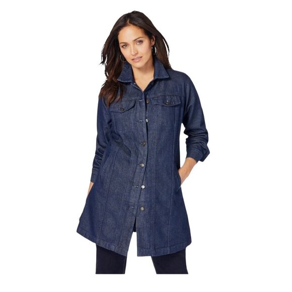 Jessica London Long Denim Jacket Plus Size 32W Chest Pockets Heavy Thick Jean - Picture 1 of 13